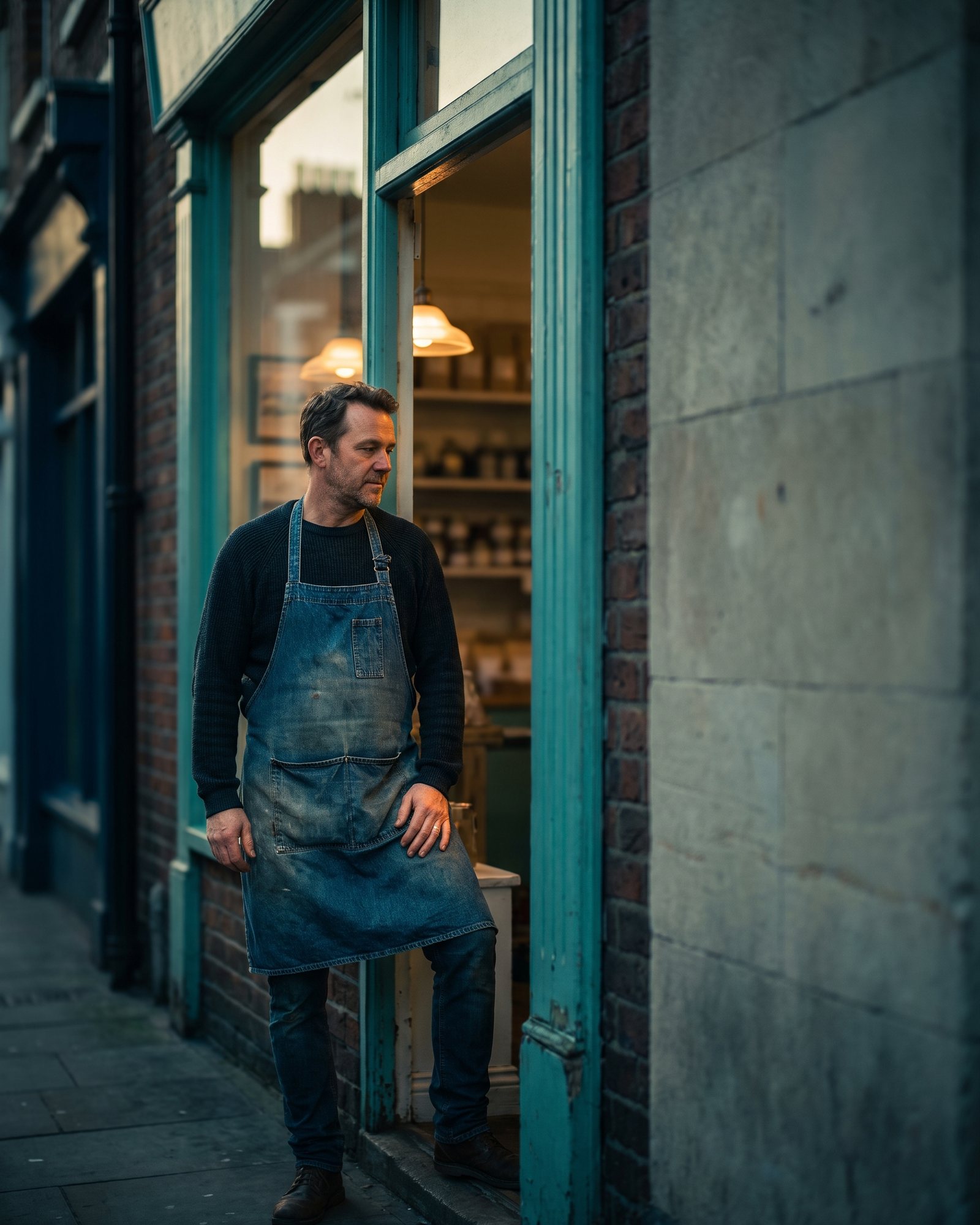 A shop owner in an apron standing in his doorway at golden hour.
