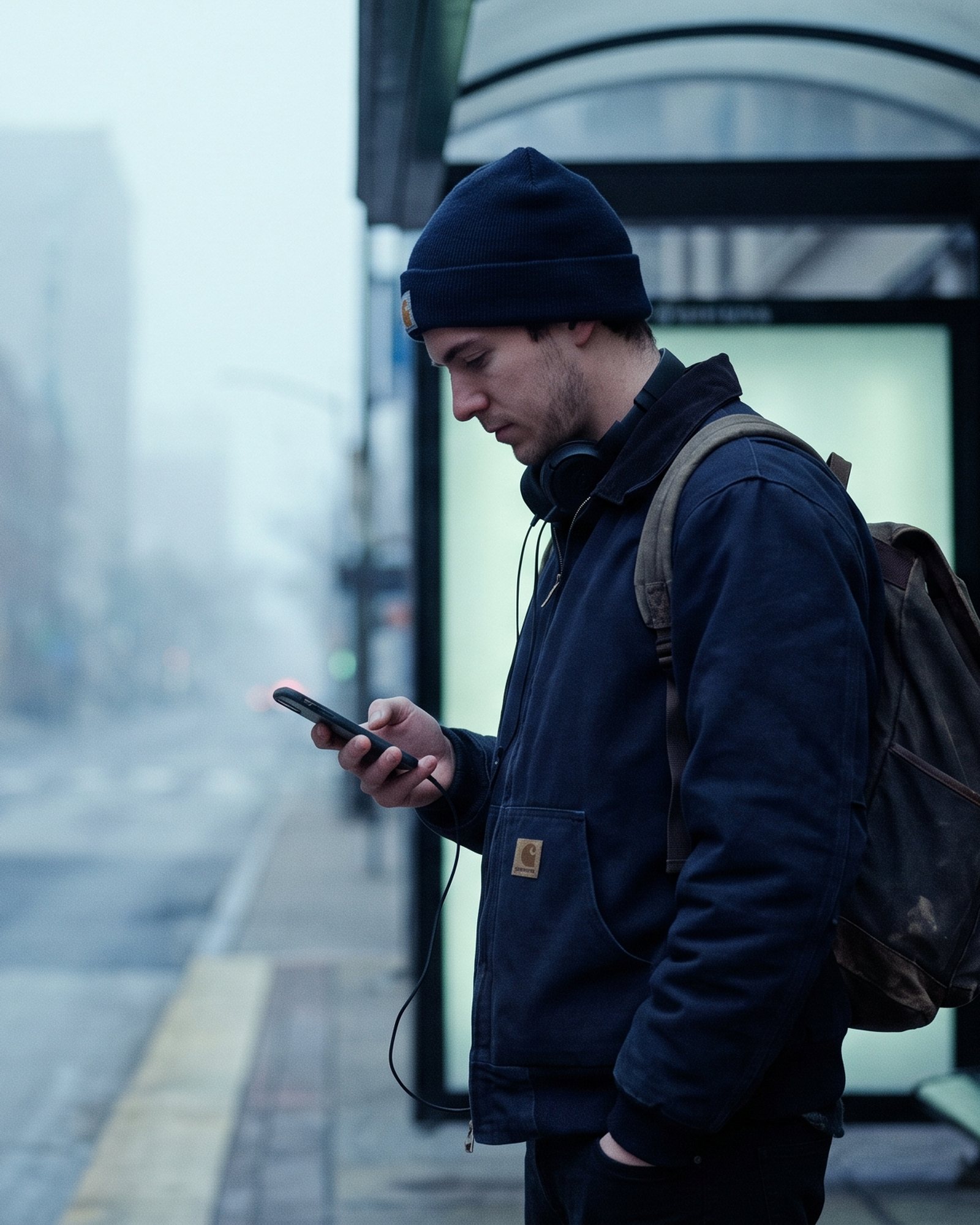 A young man at a quiet bus stop at dawn, looking at his phone.