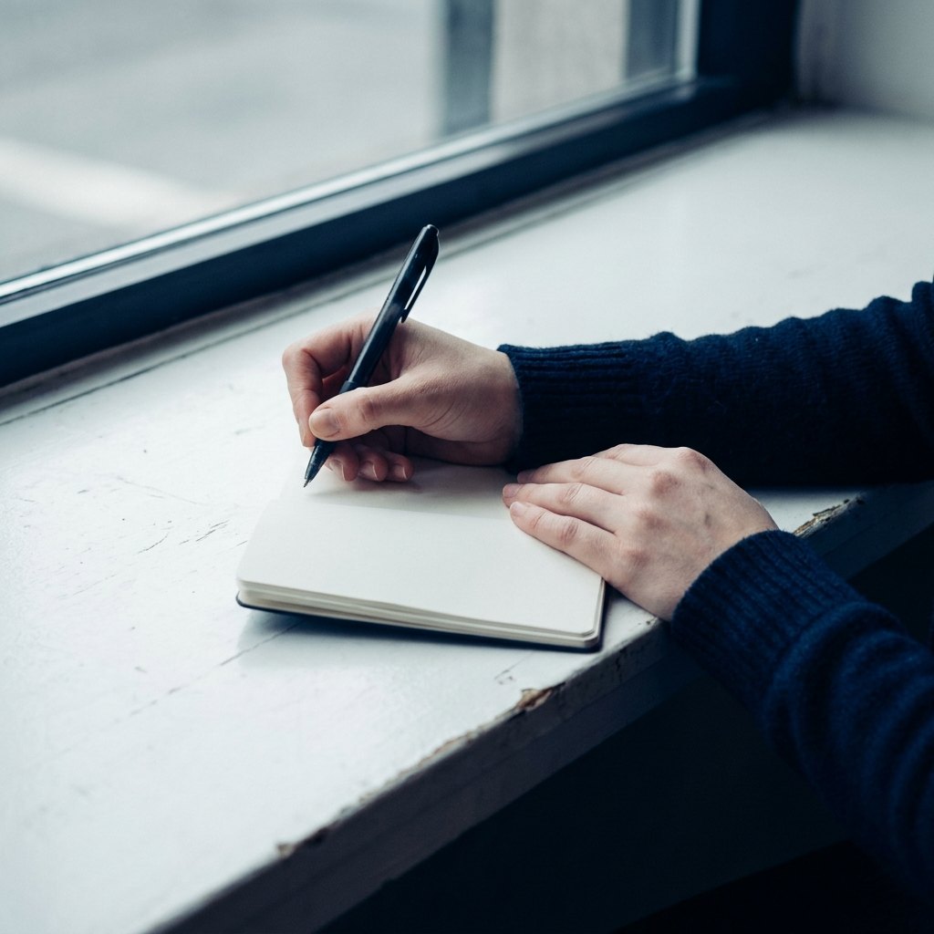 A woman's hands writing in a notebook on a counter.