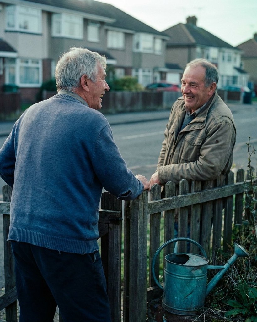 A man laughing with a neighbor over a garden fence.