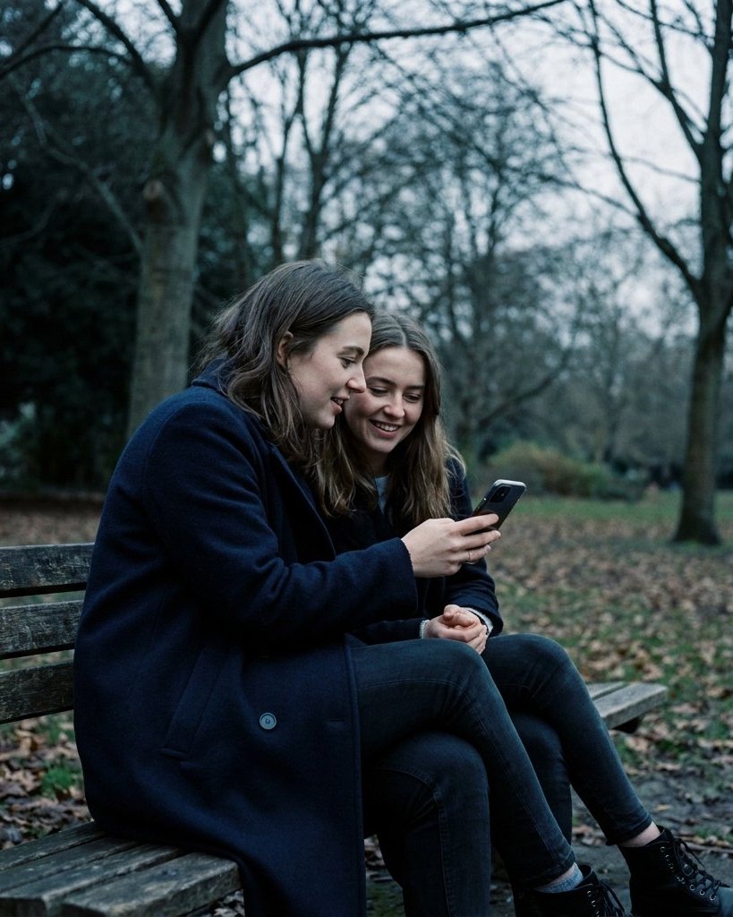 Two women on a park bench looking at a phone together.