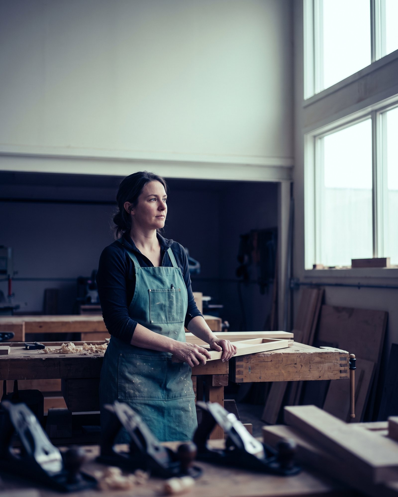A woman in a workshop with her hands on a workbench.